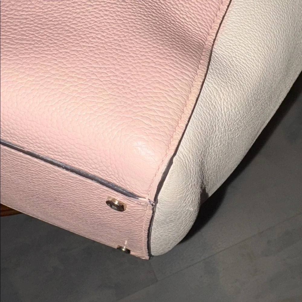 Kate Spade tote bag peachy beige cream taupe color block cinching sides EUC